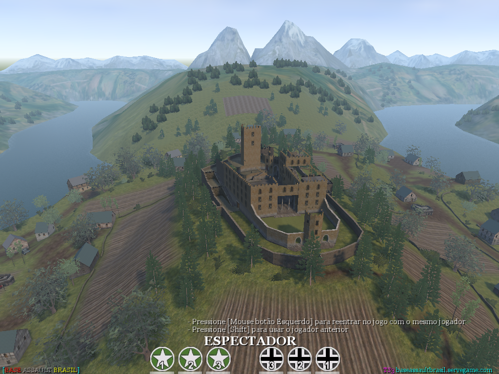 Castelo entre montanhas e lagos em uma captura de Call of Duty: United Offensive no servidor BASE ASSAULT BRASIL.